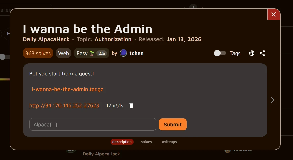 AlpacaHack page for the I wanna be the Admin challenge