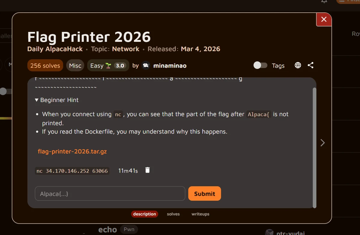Flag Printer 2026 challenge details on AlpacaHack