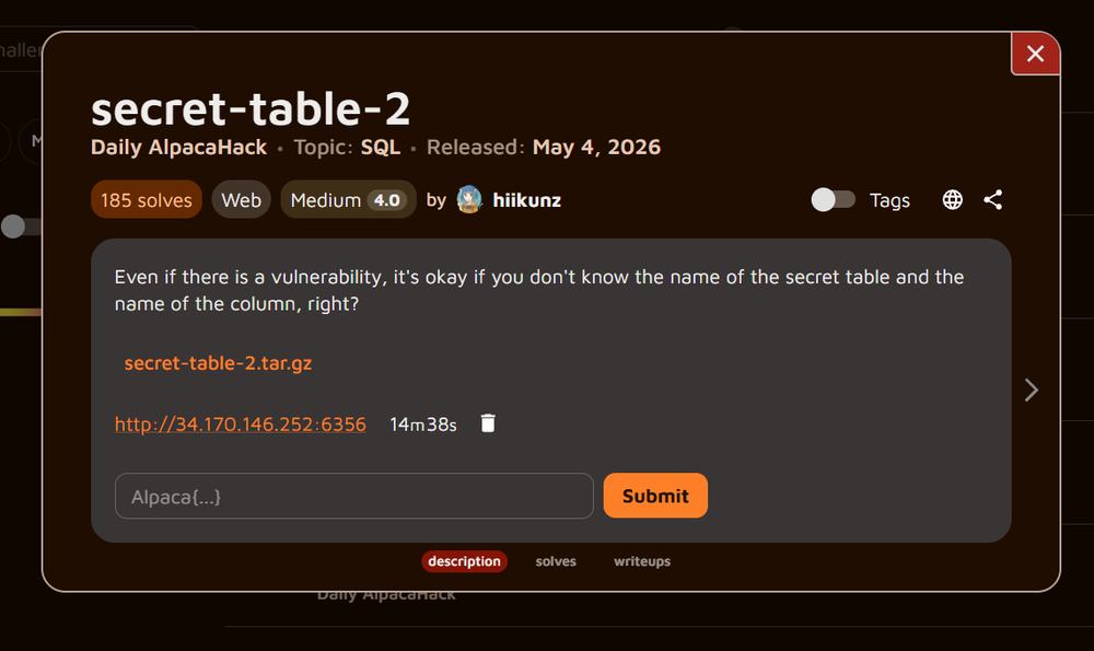 AlpacaHack secret-table-2 challenge page showing the Web Medium challenge description