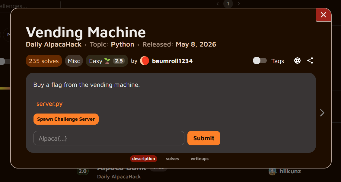 AlpacaHack Vending Machine challenge page showing the server.py source and flag submission panel