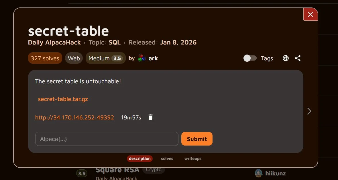 AlpacaHack secret-table challenge page