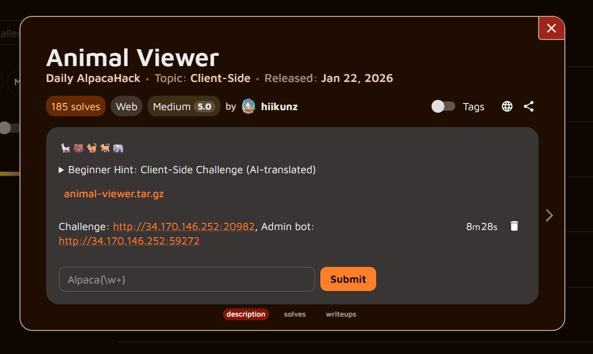 Animal Viewer challenge page with the application and admin bot links